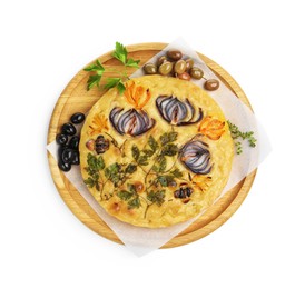 Photo of Delicious focaccia with flowers made of vegetables isolated on white, top view
