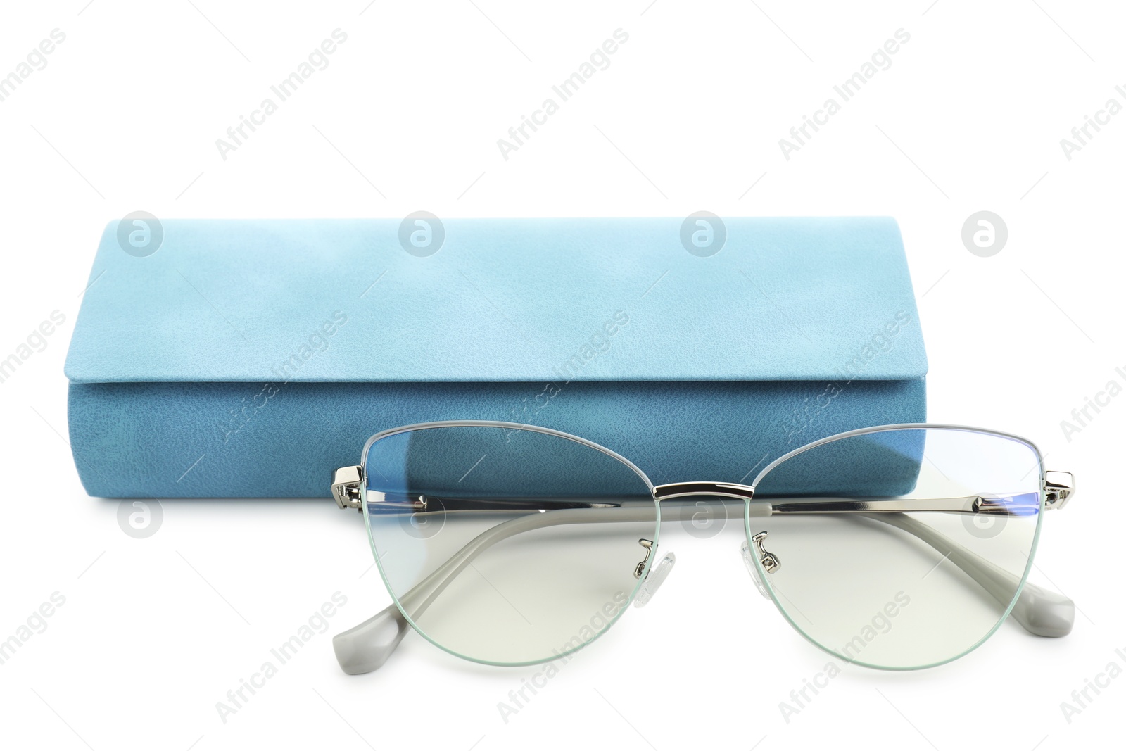 Case with stylish glasses isolated on white Photo of Case with stylish glasses isolated on white