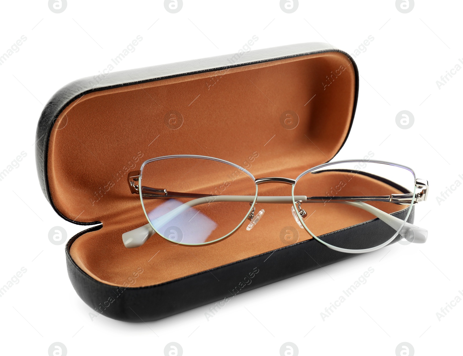 Case with stylish glasses isolated on white Photo of Case with stylish glasses isolated on white