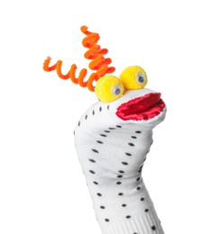 Photo of Funny sock puppet with hair isolated on white