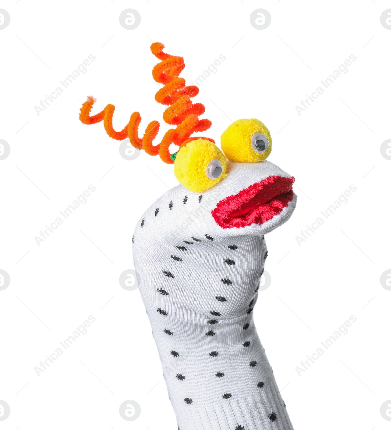 Funny sock puppet with hair isolated on white Photo of Funny sock puppet with hair isolated on white