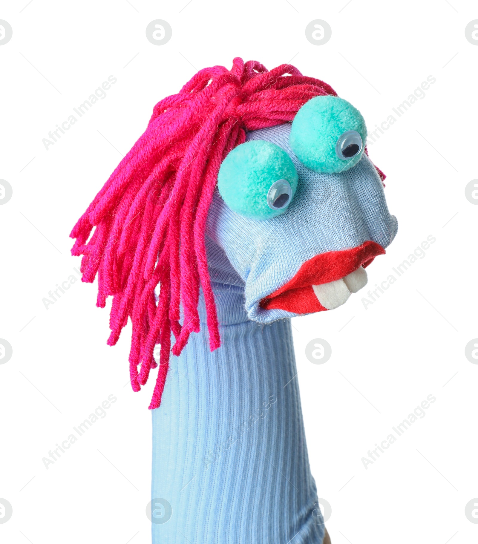 Funny sock puppet with hair isolated on white Photo of Funny sock puppet with hair isolated on white