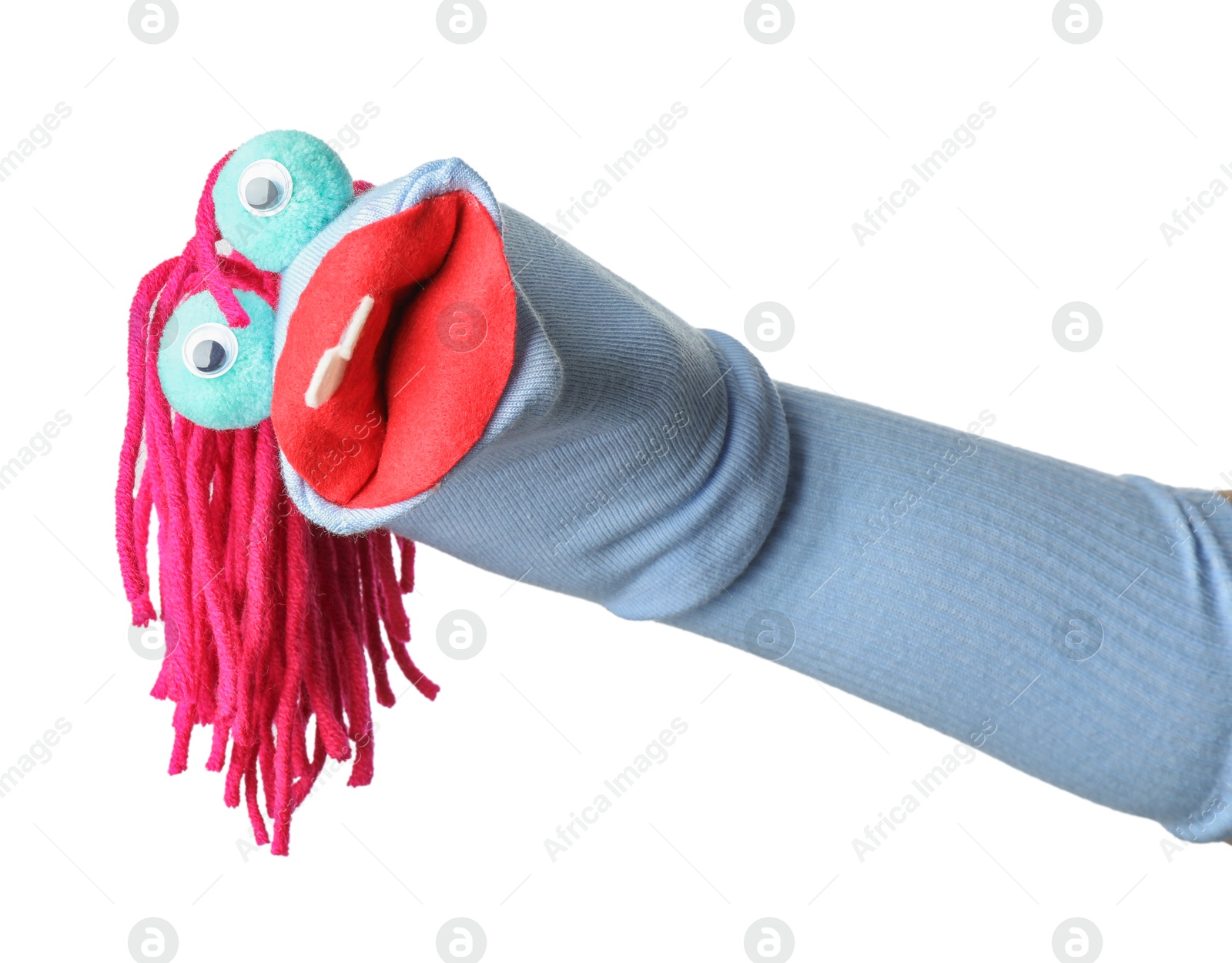 Funny sock puppet with hair isolated on white Photo of Funny sock puppet with hair isolated on white