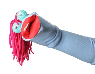 Photo of Funny sock puppet with hair isolated on white