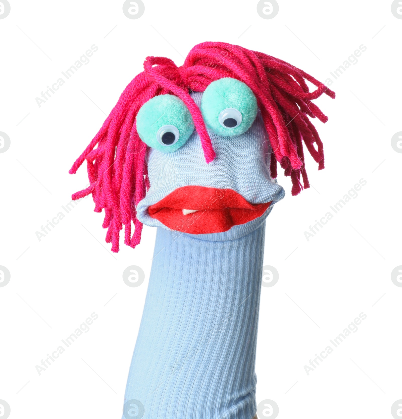Funny sock puppet with hair isolated on white Photo of Funny sock puppet with hair isolated on white