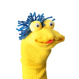 Photo of Funny sock puppet with hair isolated on white