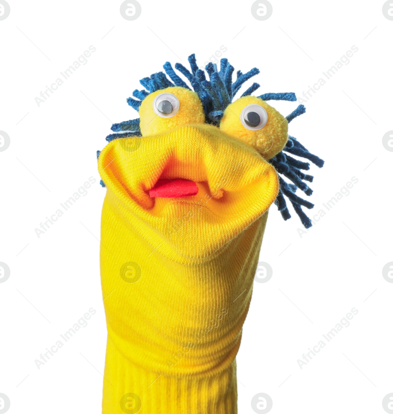 Funny sock puppet with hair isolated on white Photo of Funny sock puppet with hair isolated on white