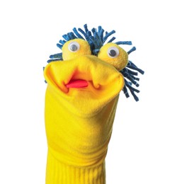 Photo of Funny sock puppet with hair isolated on white