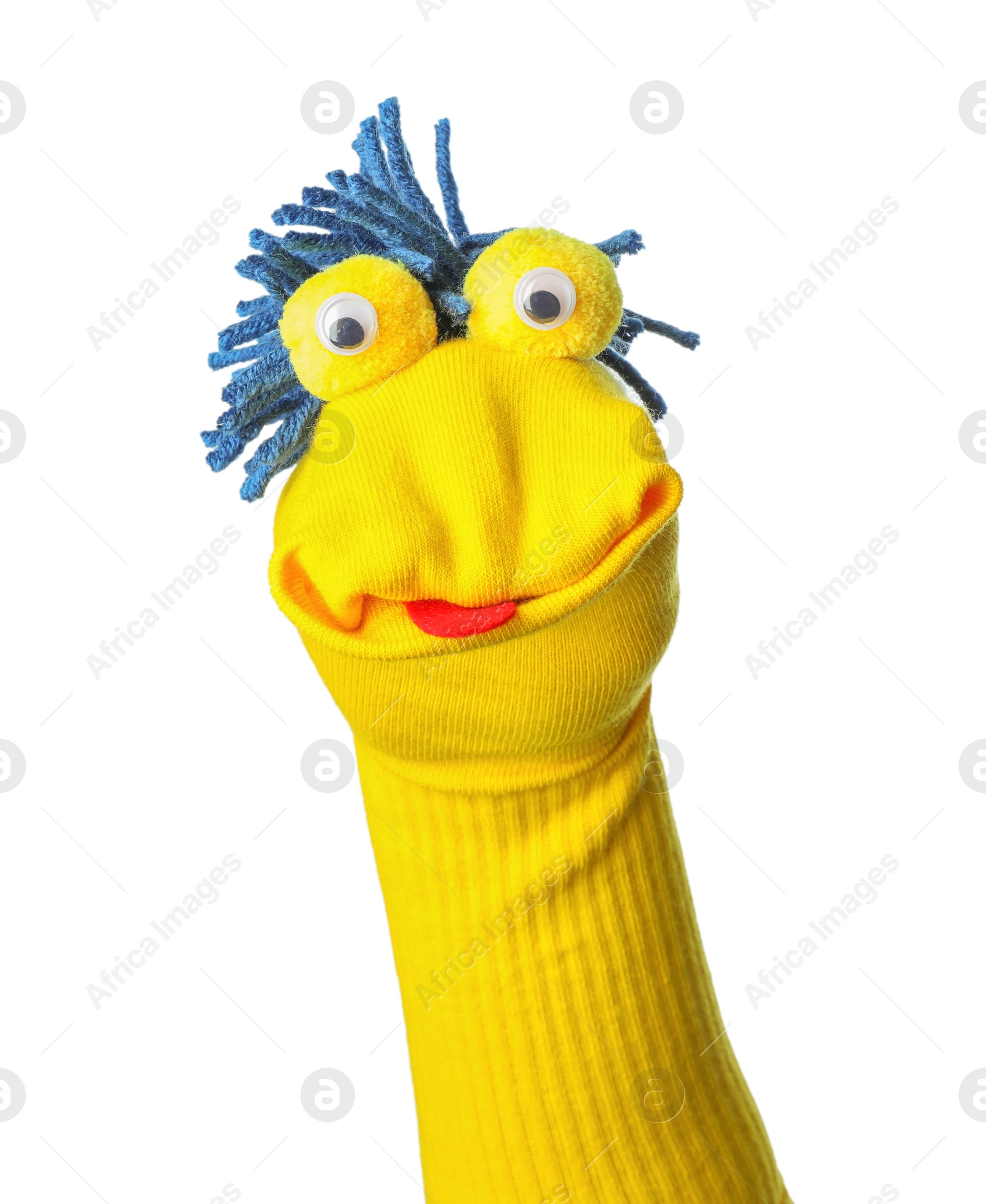Funny sock puppet with hair isolated on white Photo of Funny sock puppet with hair isolated on white