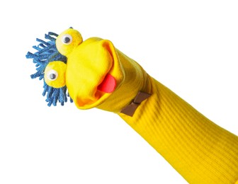 Photo of Funny sock puppet with hair isolated on white