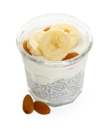 Photo of Delicious dessert with chia seeds, yogurt, banana and almond in glass on white background. Superfood