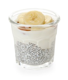 Photo of Delicious dessert with chia seeds, yogurt, banana and almond in glass on white background. Superfood