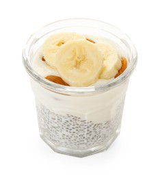 Photo of Delicious dessert with chia seeds, yogurt, banana and almond in glass on white background. Superfood