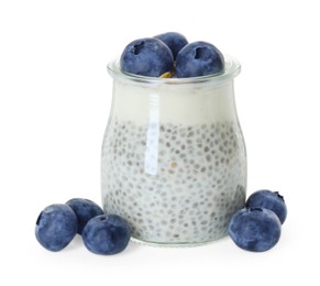 Photo of Delicious pudding with chia seeds, yogurt and blueberries in glass isolated on white. Superfood
