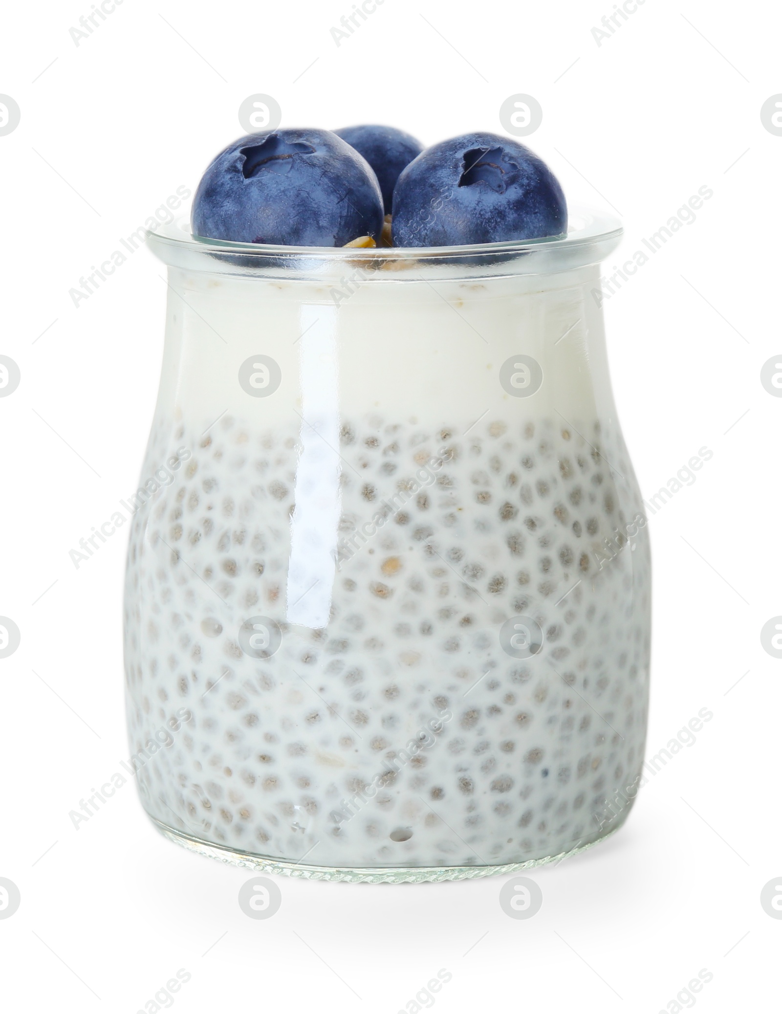 Delicious pudding with chia seeds, yogurt and blueberries in glass isolated on white. Superfood Photo of Delicious pudding with chia seeds, yogurt and blueberries in glass isolated on white. Superfood