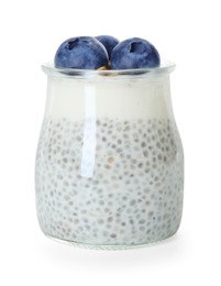 Photo of Delicious pudding with chia seeds, yogurt and blueberries in glass isolated on white. Superfood