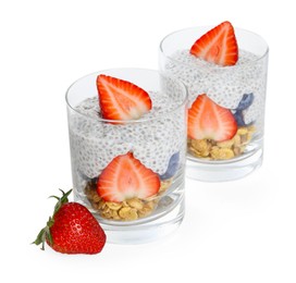 Photo of Delicious dessert with chia seeds, yogurt, granola, strawberries and blueberries in glasses isolated on white. Superfood