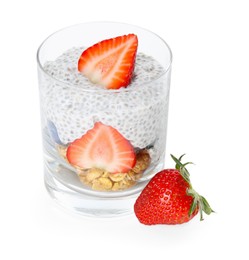 Photo of Delicious dessert with chia seeds, yogurt, granola, strawberries and berries in glass isolated on white. Superfood