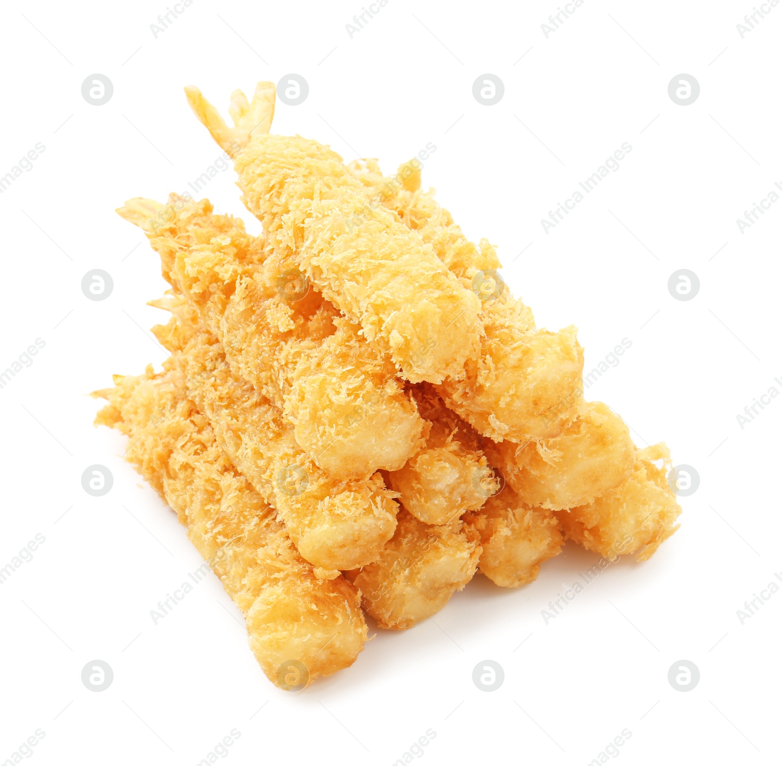 Photo of Many tasty tempura shrimps isolated on white