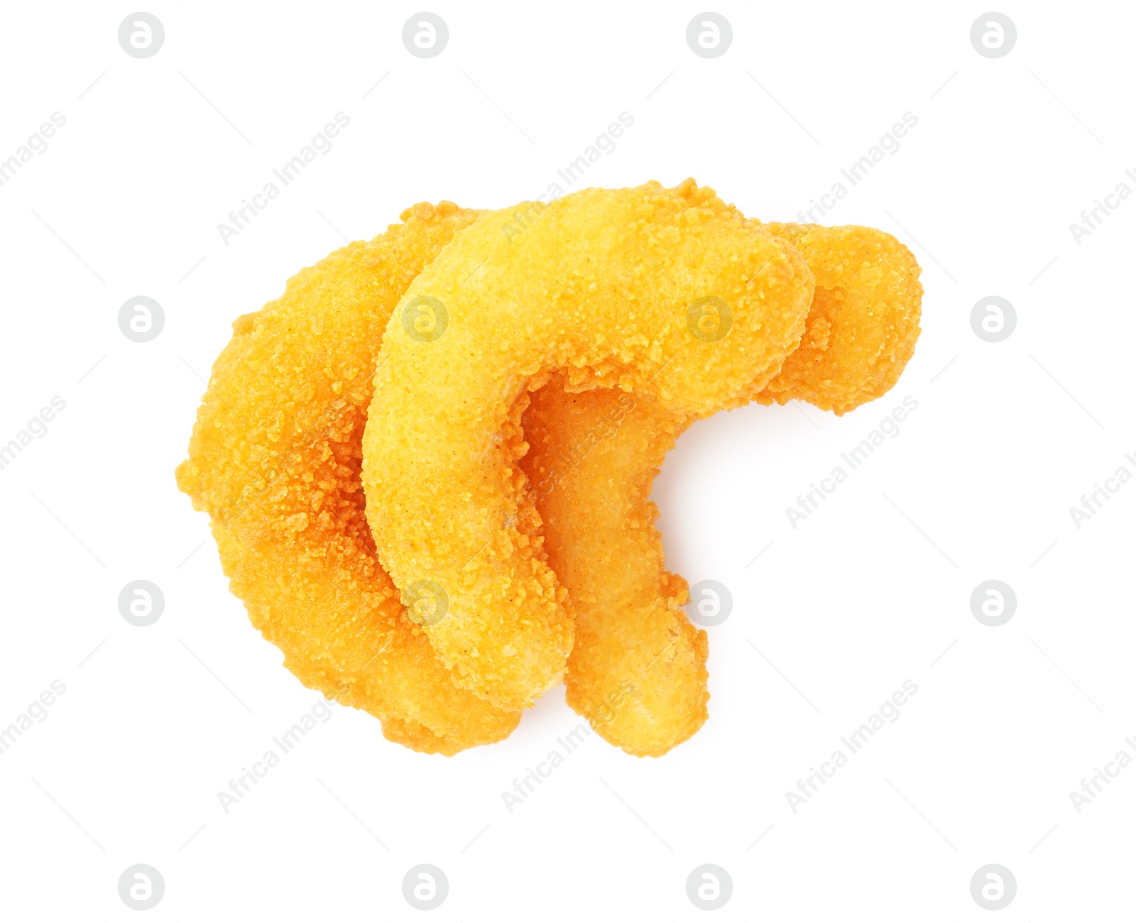 Three tasty tempura shrimps isolated on white, top view Photo of Three tasty tempura shrimps isolated on white, top view