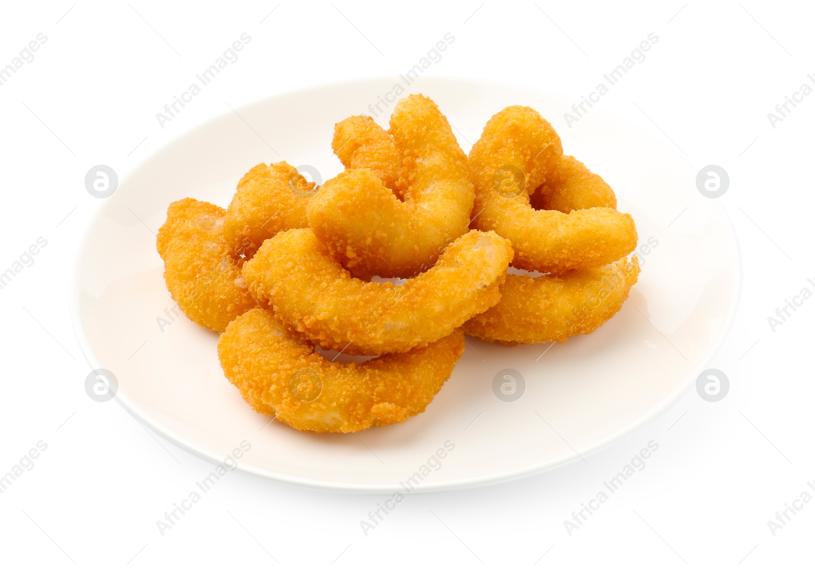 Photo of Many tasty tempura shrimps isolated on white