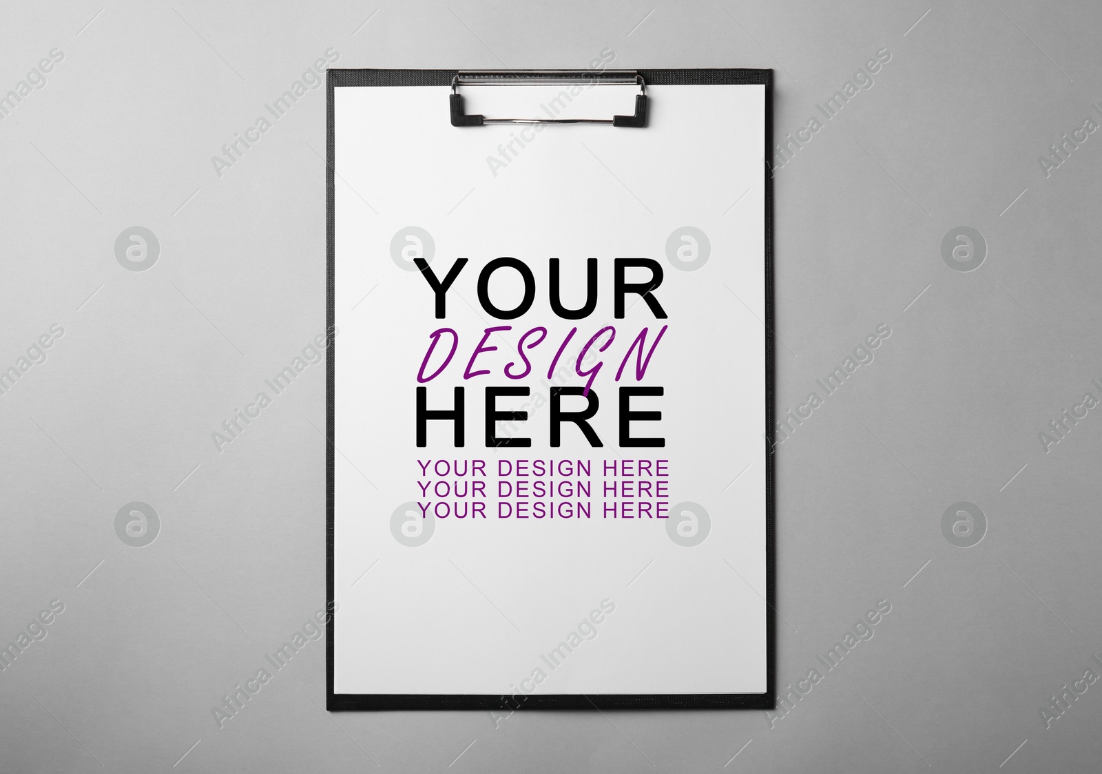 Clipboard with sheet of paper on grey background, top view. Mockup Your Design Here Image of Clipboard with sheet of paper on grey background, top view. Mockup Your Design Here