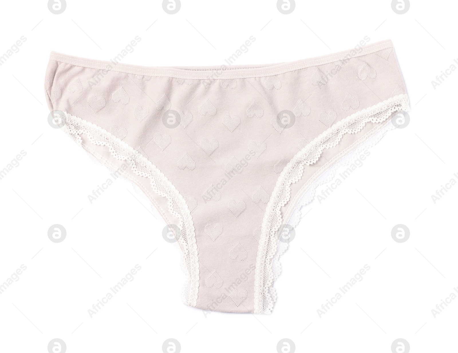 Women's underwear. Beautiful beige panties isolated on white, top view Photo of Women's underwear. Beautiful beige panties isolated on white, top view