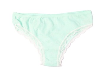 Photo of Women's underwear. Beautiful turquoise panties isolated on white, top view