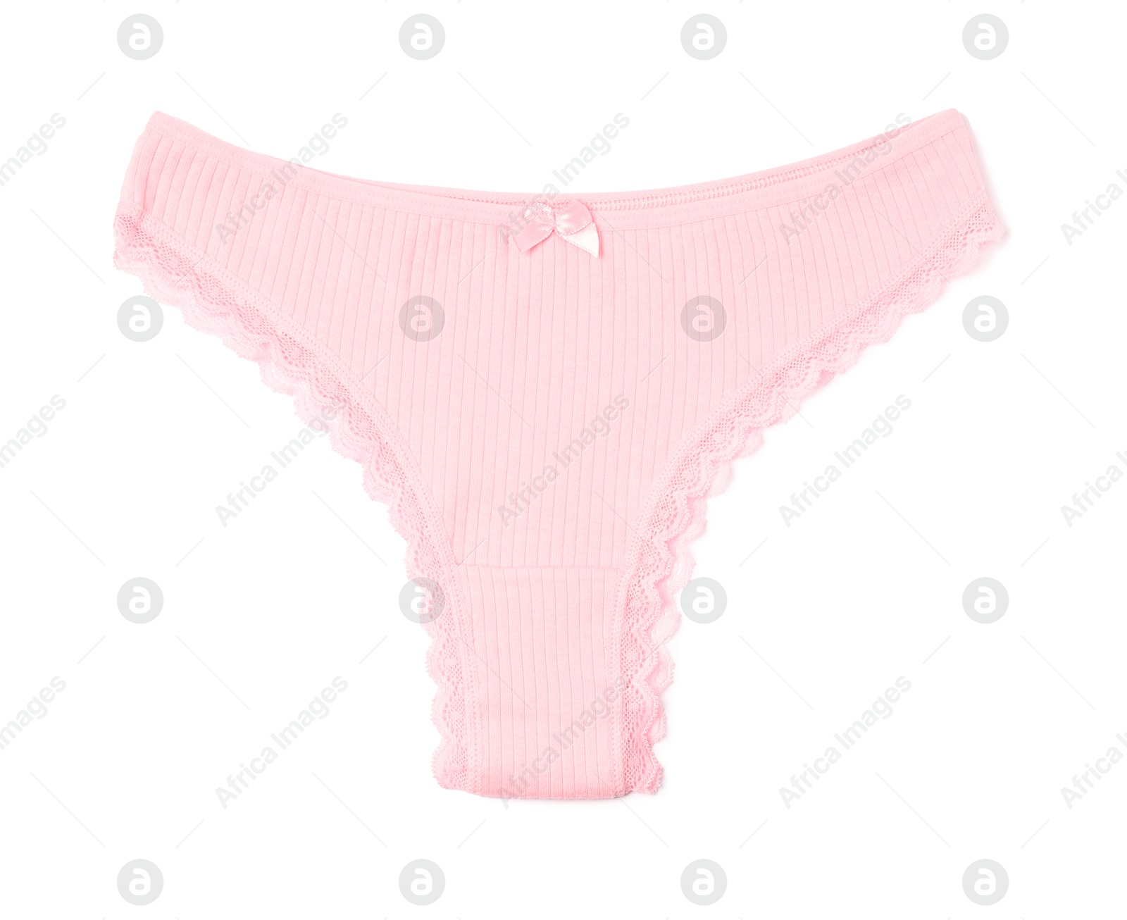 Women's underwear. Beautiful pink panties isolated on white, top view Photo of Women's underwear. Beautiful pink panties isolated on white, top view