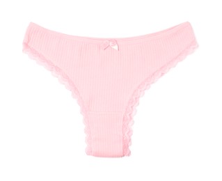 Photo of Women's underwear. Beautiful pink panties isolated on white, top view