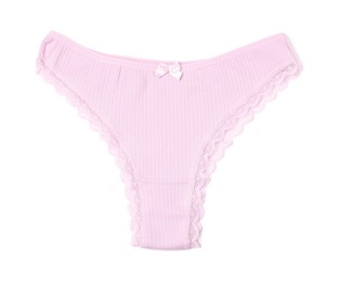 Photo of Women's underwear. Beautiful pink panties isolated on white, top view