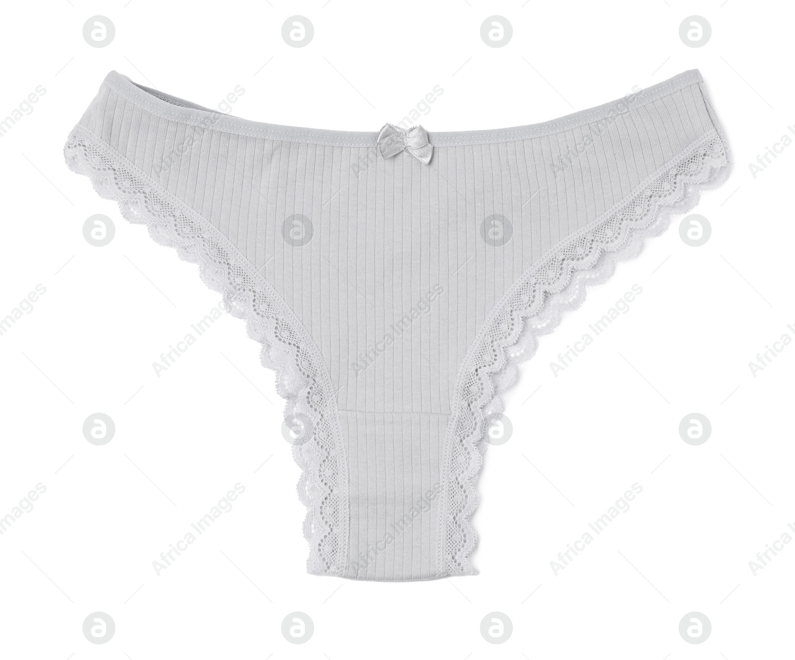 Women's underwear. Beautiful gray panties isolated on white, top view Photo of Women's underwear. Beautiful gray panties isolated on white, top view