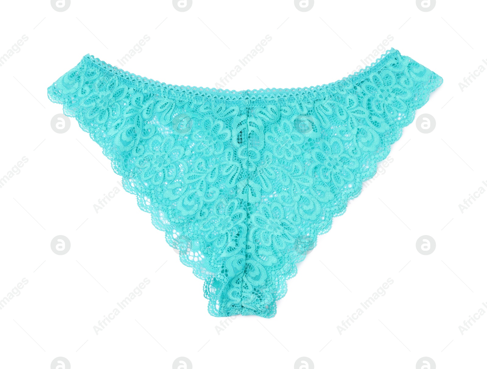Women's underwear. Beautiful light blue panties isolated on white, top view Photo of Women's underwear. Beautiful light blue panties isolated on white, top view