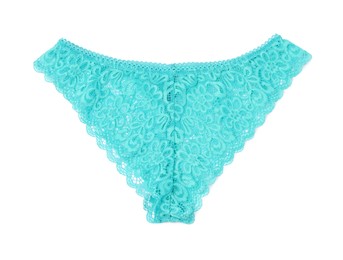 Photo of Women's underwear. Beautiful light blue panties isolated on white, top view
