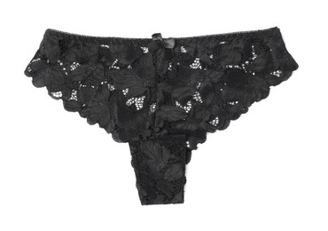 Photo of Women's underwear. Beautiful black panties isolated on white, top view