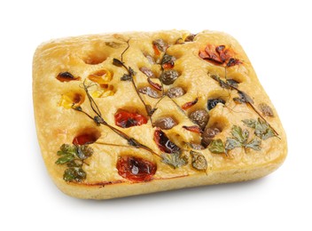 Photo of Delicious focaccia with flowers made of vegetables isolated on white