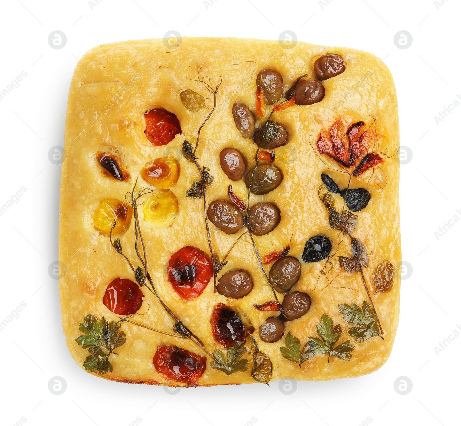 Delicious focaccia with flowers made of vegetables isolated on white, top view Photo of Delicious focaccia with flowers made of vegetables isolated on white, top view