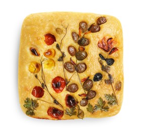 Photo of Delicious focaccia with flowers made of vegetables isolated on white, top view