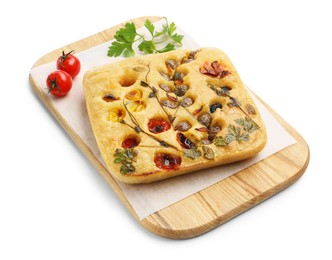 Photo of Delicious focaccia with flowers made of vegetables isolated on white