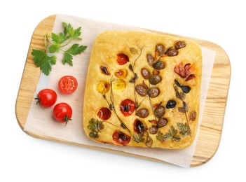 Photo of Delicious focaccia with flowers made of vegetables isolated on white, top view