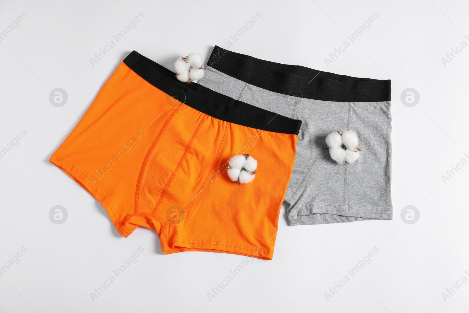 Comfortable men's underwear and cotton flowers on white background, flat lay Photo of Comfortable men's underwear and cotton flowers on white background, flat lay