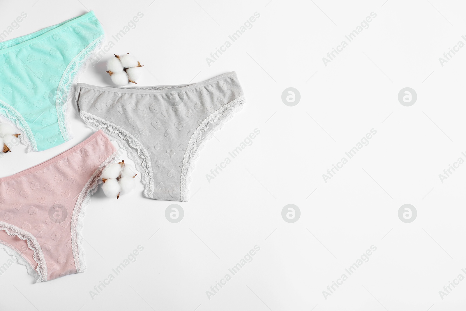 Women's underwear. Beautiful panties and cotton flowers on white background, flat lay. Space for text Photo of Women's underwear. Beautiful panties and cotton flowers on white background, flat lay. Space for text