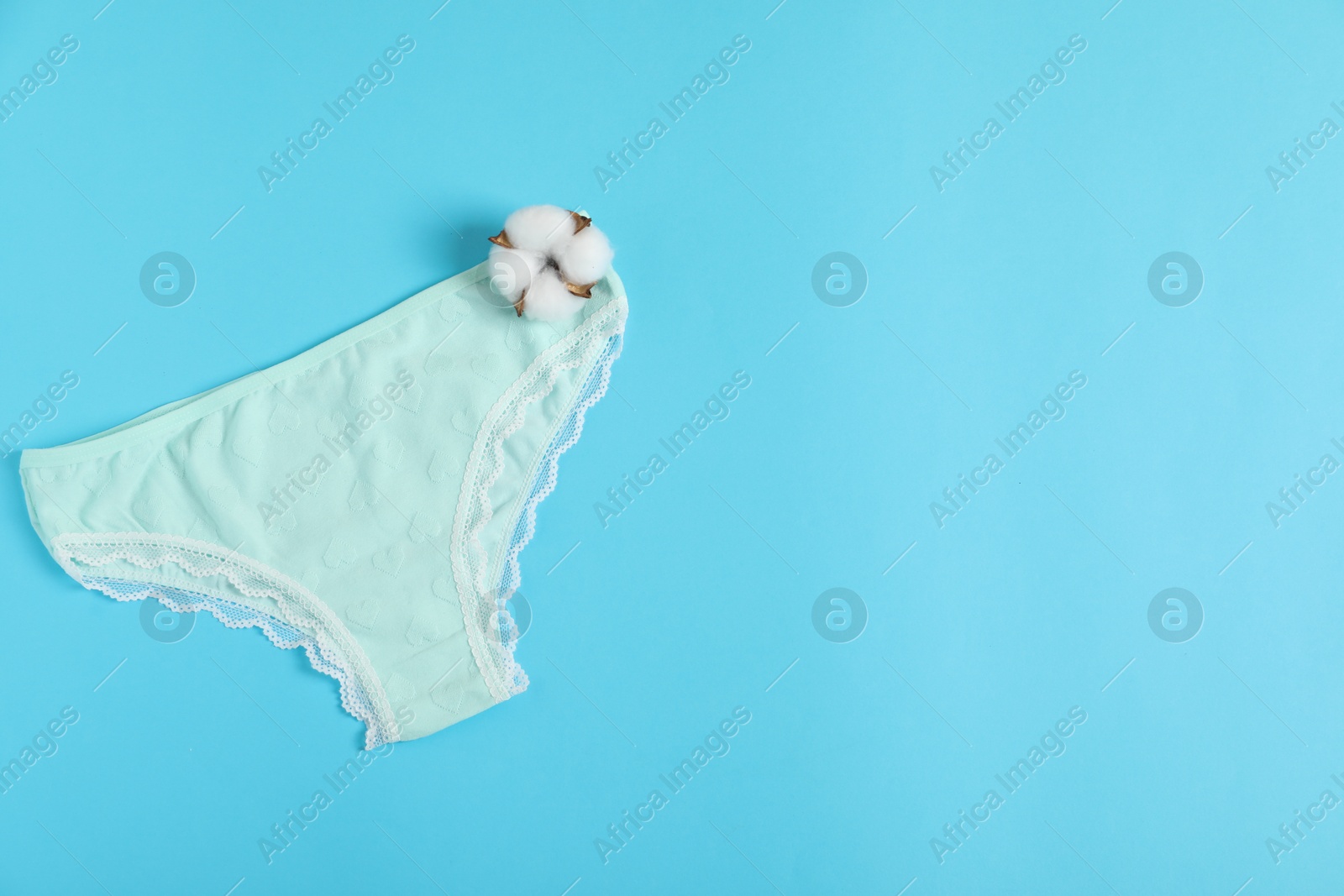 Women's underwear. Beautiful panties and cotton flower on light blue background, top view. Space for text Photo of Women's underwear. Beautiful panties and cotton flower on light blue background, top view. Space for text
