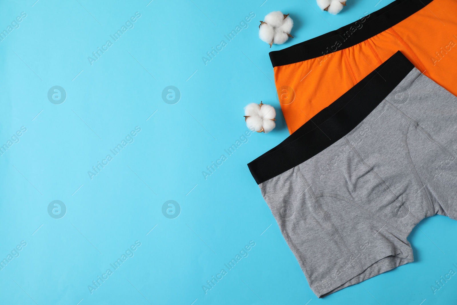 Comfortable men's underwear and cotton flowers on light blue background, flat lay. Space for text Photo of Comfortable men's underwear and cotton flowers on light blue background, flat lay. Space for text