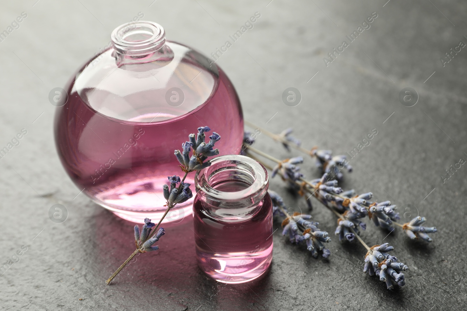 Photo of Open perfume bottles with aromatic essential oils and lavender branches on dark textured table, closeup