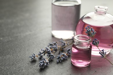 Photo of Open perfume bottles with aromatic essential oils and lavender branches on dark textured table, closeup. Space for text