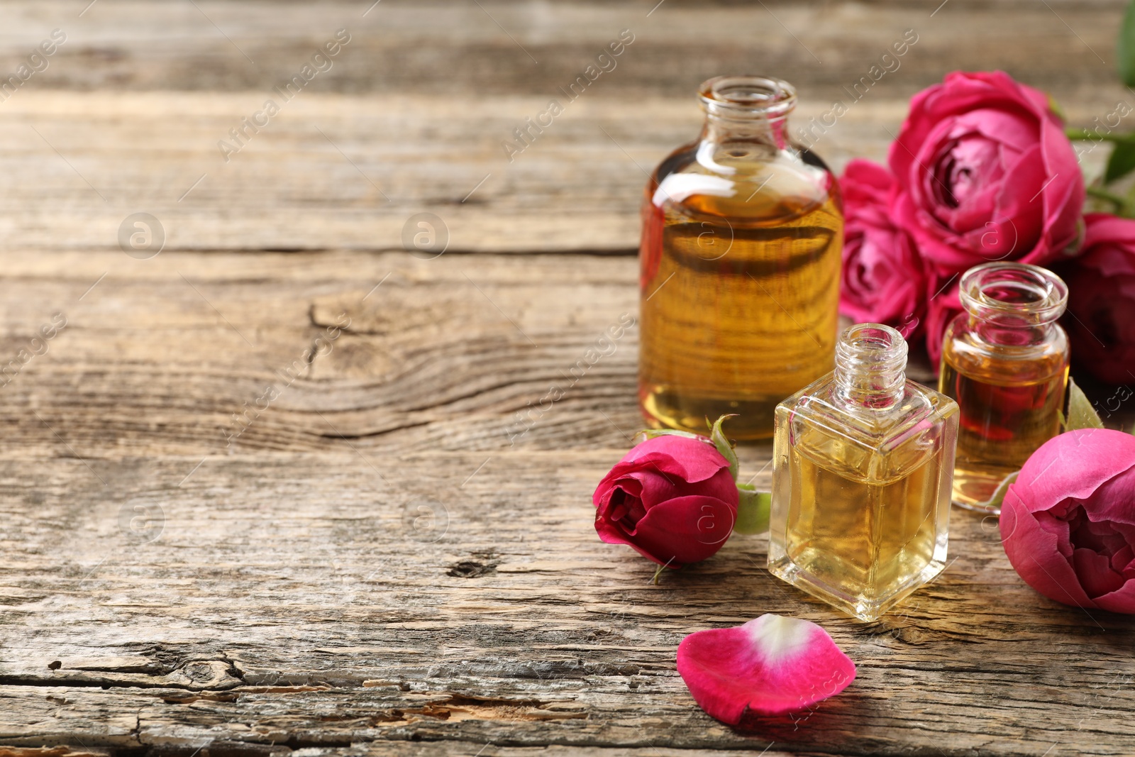 Open perfume bottles with aromatic essential oils and roses on wooden table, closeup. Space for text Photo of Open perfume bottles with aromatic essential oils and roses on wooden table, closeup. Space for text