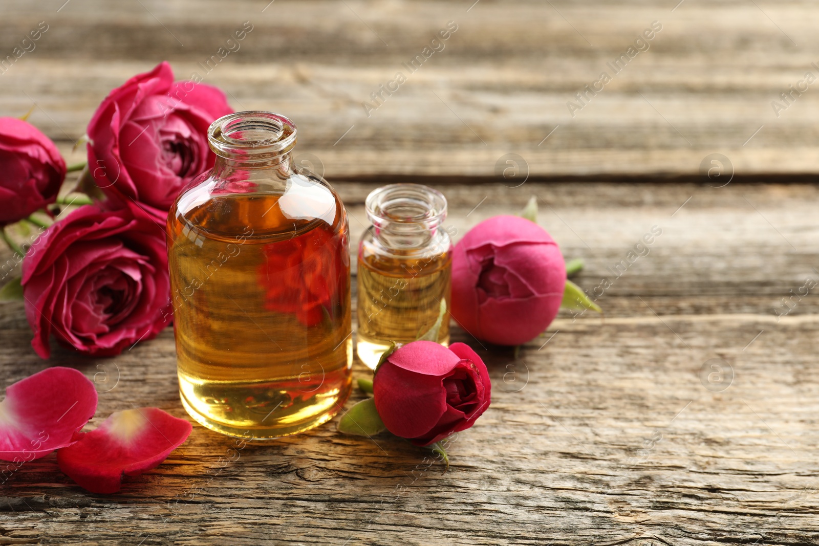 Open perfume bottles with aromatic essential oils and roses on wooden table, closeup. Space for text Photo of Open perfume bottles with aromatic essential oils and roses on wooden table, closeup. Space for text
