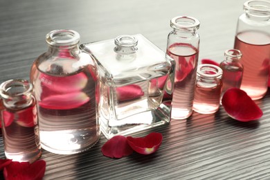 Photo of Open perfume bottles with aromatic essential oils and rose petals on grey wooden table, closeup