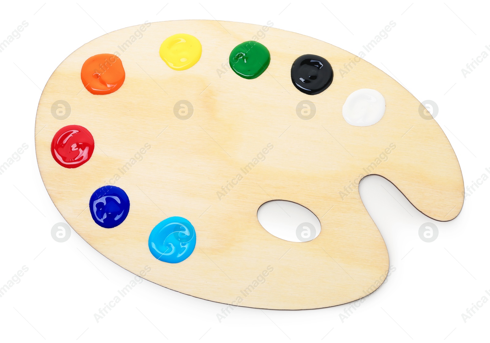 Photo of Wooden palette with paints isolated on white, top view